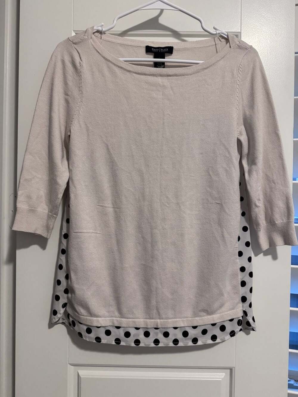 White House Black Market Cream and Black Polka Dot Layered Hem Sweater